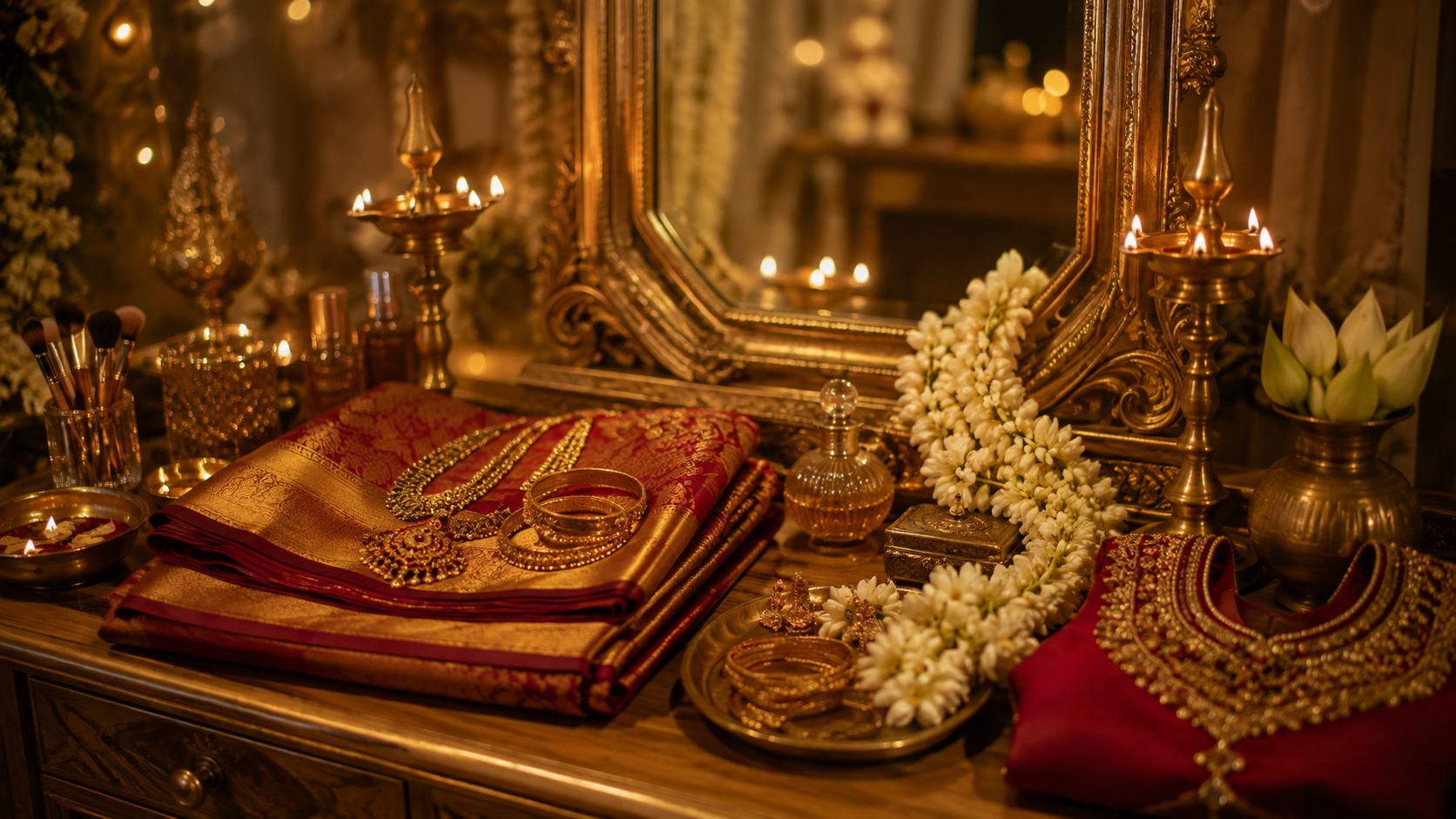 Bridal silk, jewelry, jasmine and lamps