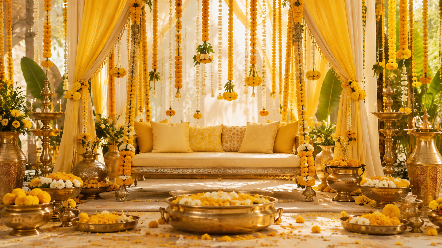 Haldi ceremony decor with marigolds