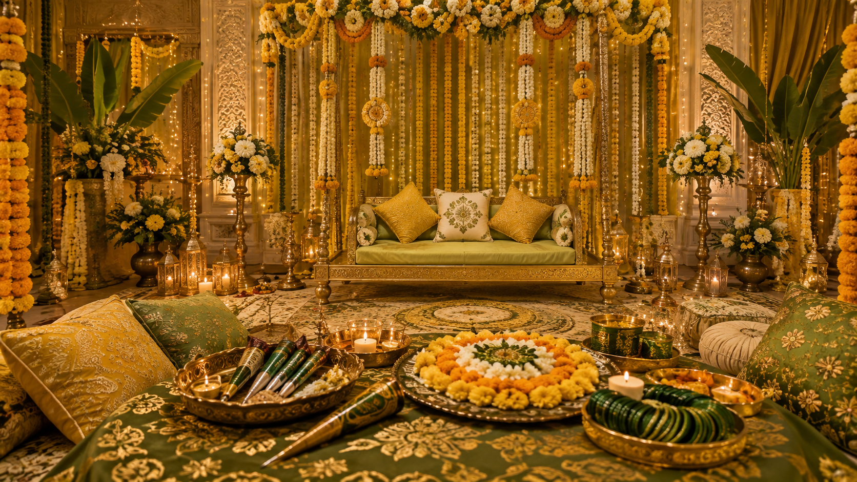 Mehandi celebration decor and henna cones